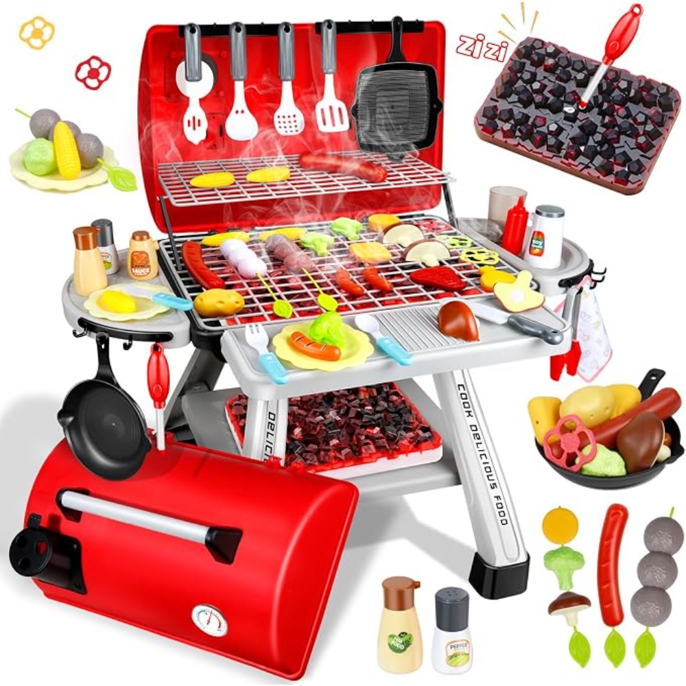 Camping Cooking Kids - Barbecue-Grill-Spielzeug-Set für Kinder, BBQ-Rollenspiel-Küchenset mit Rauch-,