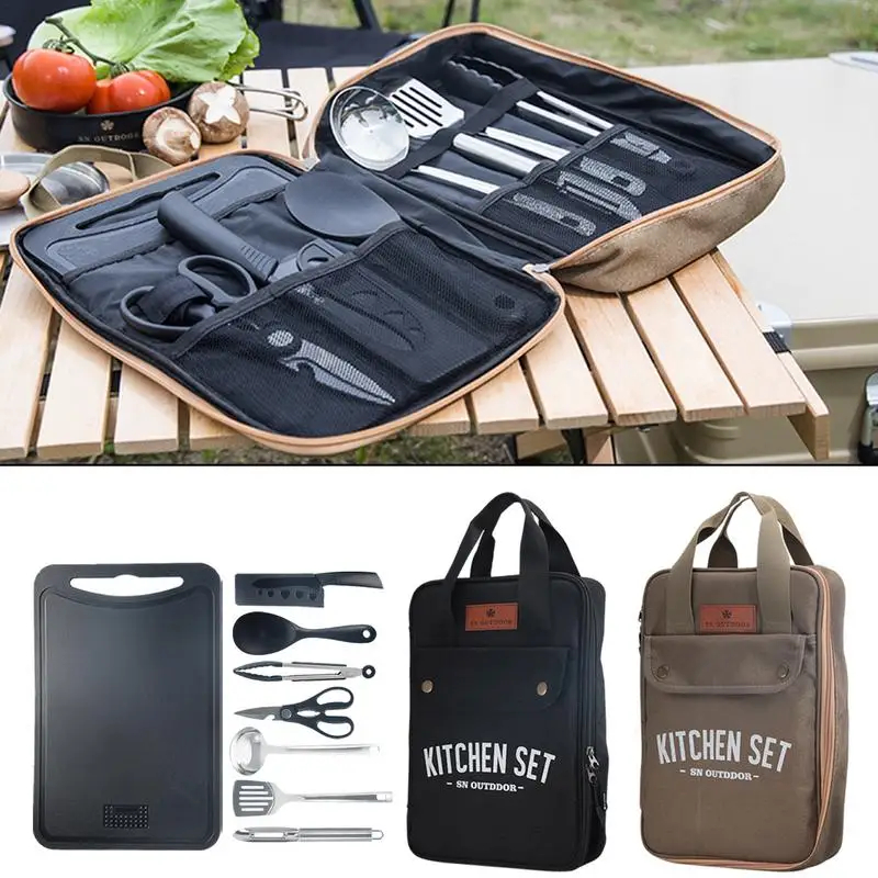 Camping Cooking Roll - 8-teiliges Camping-Küchen-Kochgeschirr-Set Tragbares Outdoor-Reise-Utensilien-Set Edelstahl Koch-
