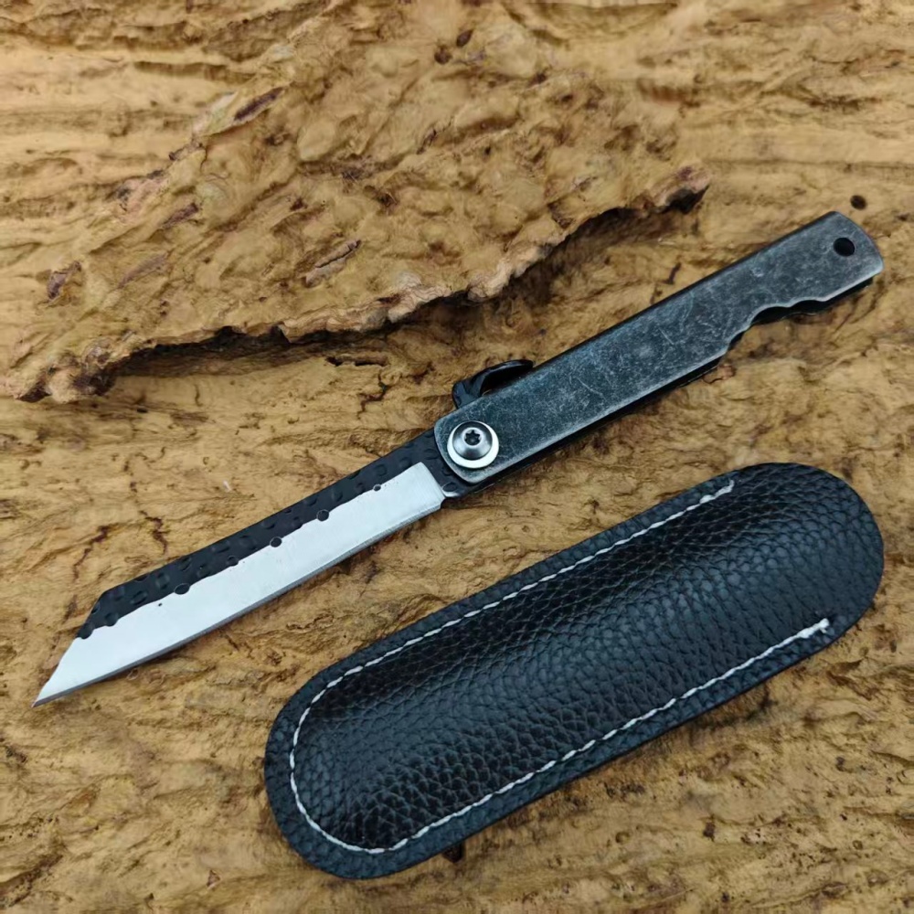 Camping Cooking Knife With Sheath - Higonokami Handgefertigtes Stonewashed Klappmesser mit Griff